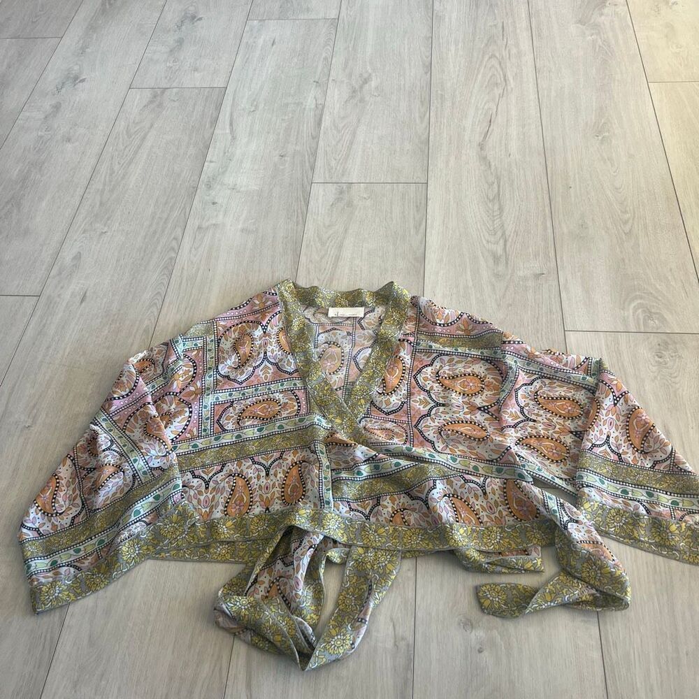 Anthropologie Kimono Chartreuse Green Paisley Sheer Tie Front One Size